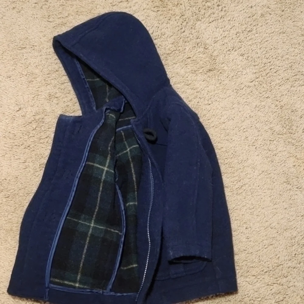 Gap Peacoat Wool‎ Blend Navy Blue Plaid   Interior 18-24 mos Wooden Tie Zipper